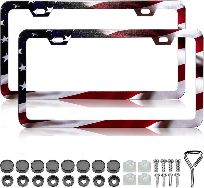 LIN KANG Patriotic American Flag License Plate Frame Holder - 2 Pack Universal Aluminum Matte Stripe US Flag Gloss Car Plate Frame Covers with 2 Holes and Screws Fasteners Caps - Image 1